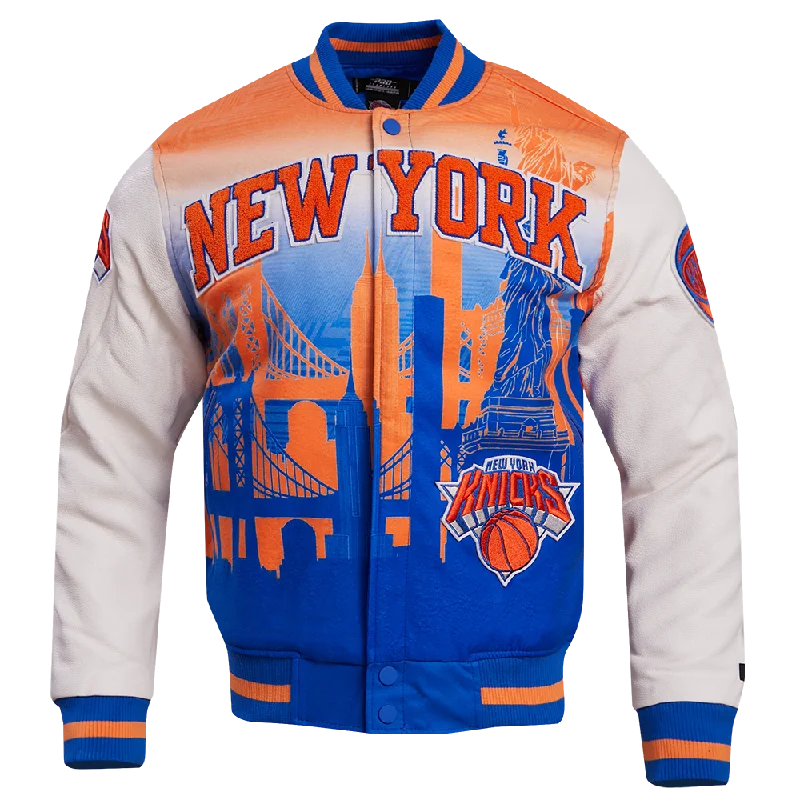 NBA NEW YORK KNICKS REMIX VARSITY MEN'S JACKET (WHITE) Denim Jacket Leather Jacket Suede Jacket