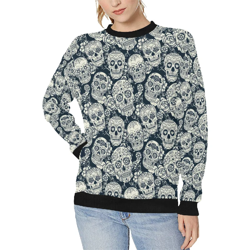 Sugar skull black white pattern Women's Crew Neck Sweatshirt Hoodie with Button Classic Timeless