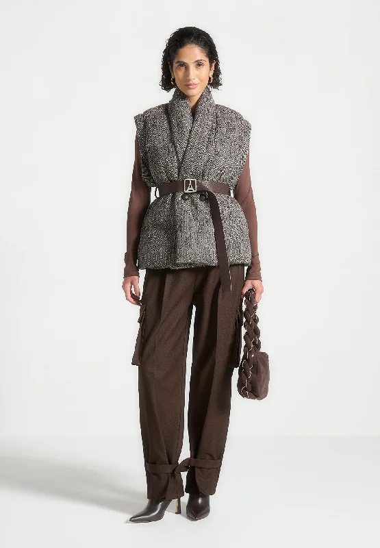 Herringbone Wrap Belted Puffer Jacket - Brown Ribbed Jacket Pleated Jacket Ruffled Jacket Herringbone Wrap Belted Puffer Jacket - Brown Ribbed Jacket Pleated Jacket Ruffled Jacket