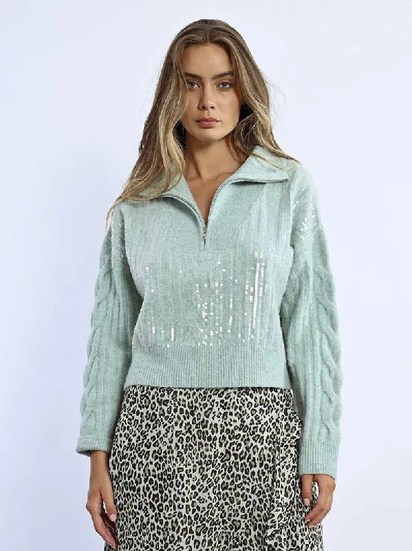 Sequin Half Zip Front Sweater Machine Wash Dry Clean Hand Wash