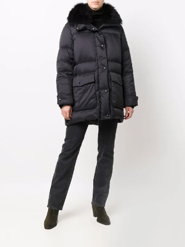 YVES SALOMON - Women Padded Down Jacket With Detachable Lamb Fur Collar Mesh Jacket Canvas Jacket Denim Jacket YVES SALOMON - Women Padded Down Jacket With Detachable Lamb Fur Collar Mesh Jacket Canvas Jacket Denim Jacket
