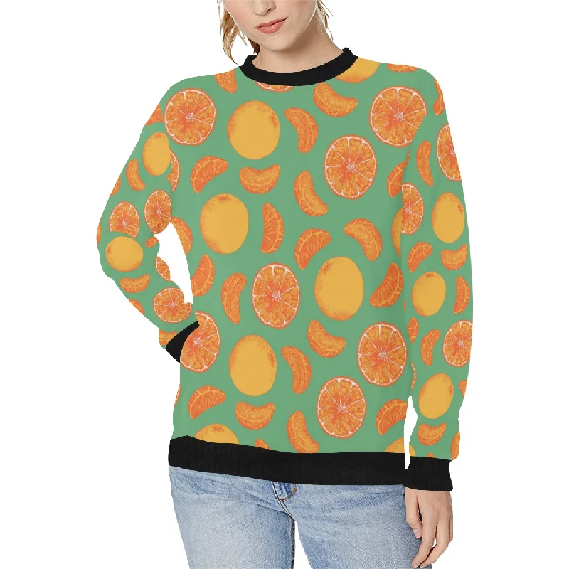 orange fruit pattern green background Women's Crew Neck Sweatshirt Hoodie with Snap Buttons Easy Quick