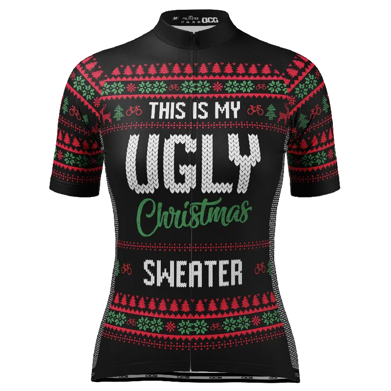 Women's This is my Ugly Christmas Sweater Short Sleeve Cycling Jersey Sequined Glittery Shiny Women's This is my Ugly Christmas Sweater Short Sleeve Cycling Jersey Sequined Glittery Shiny