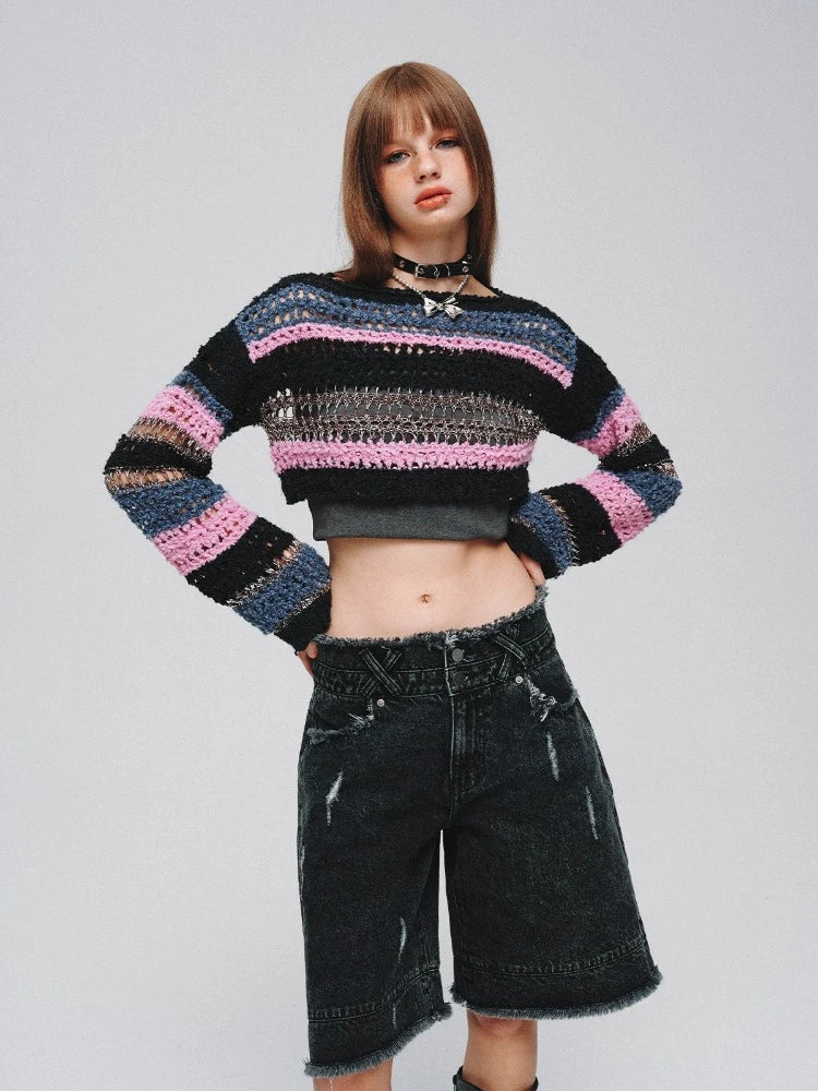 Mixed color striped short sweater【s0000008380】 Seamless Knitted Crochet