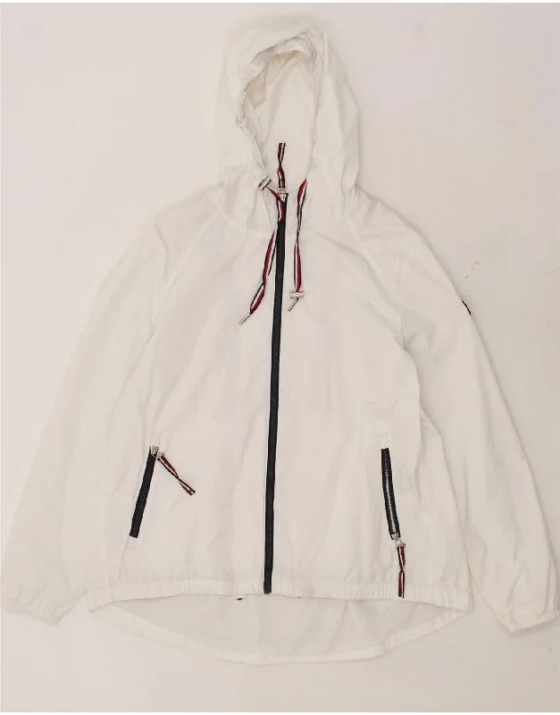 TOMMY HILFIGER Womens Hooded Rain Jacket UK 12 Medium White Polyester Welt Pockets Slit Pockets Flap Pockets TOMMY HILFIGER Womens Hooded Rain Jacket UK 12 Medium White Polyester Welt Pockets Slit Pockets Flap Pockets