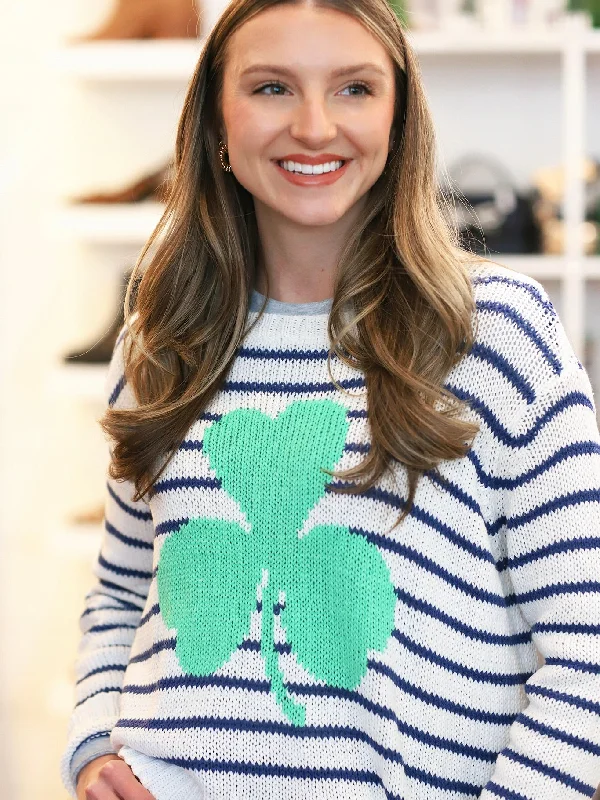 Shamrock Striped Crewneck Sweater Embroidered Appliqued Beaded