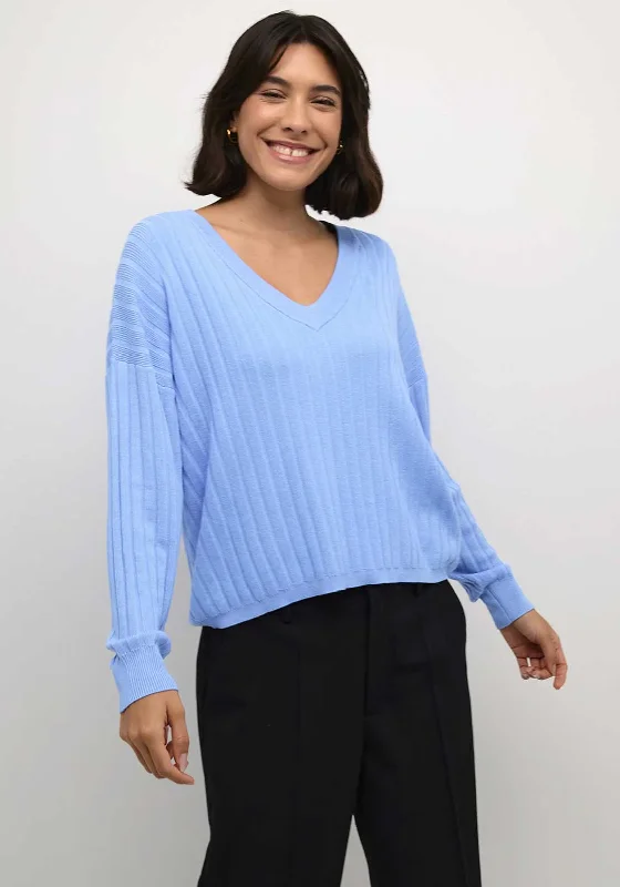 Kaffe Lola V Neck Knitted Sweater, Vista Blue Slim Fit Regular Fit Oversized