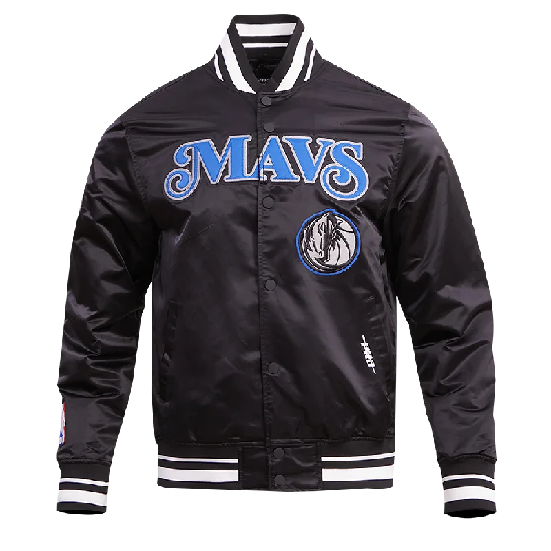 NBA DALLAS MAVERICKS CHEST MEN'S RIB SATIN JACKET (BLACK) Notch Collar Peter Pan Collar Cowl Neck