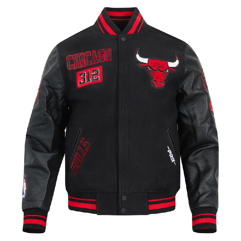 NBA CHICAGO BULLS AREA CODE MEN'S RIB WOOL VARSITY JACKET (BLACK/RED/BLACK) Denim Fabric Leather Fabric Suede Fabric