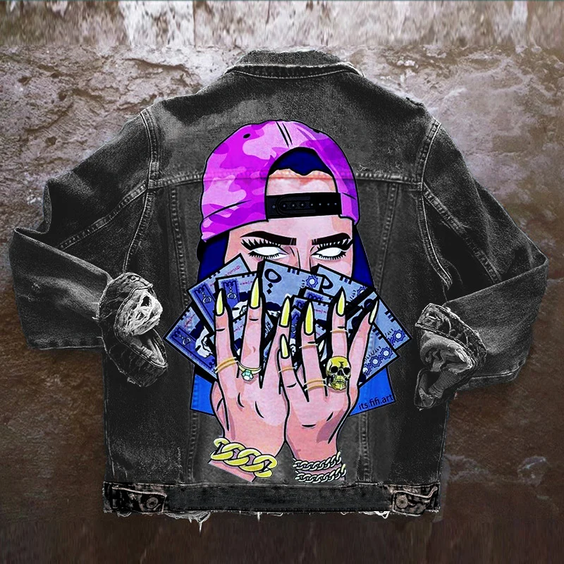 Women Casual Long Sleeves Graphic Printed Single-Breasted Denim Jacket Satin Fabric Silk Fabric Chiffon Fabric Women Casual Long Sleeves Graphic Printed Single-Breasted Denim Jacket Satin Fabric Silk Fabric Chiffon Fabric
