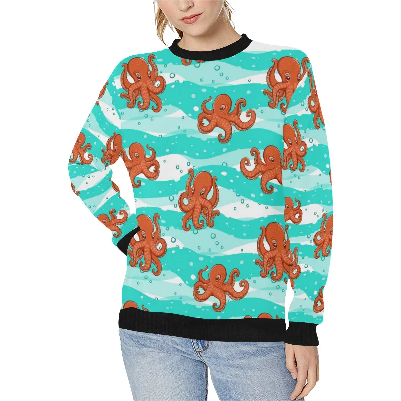 Octopuses sea wave background Women's Crew Neck Sweatshirt Hoodie with Side Slits Relaxed Casual