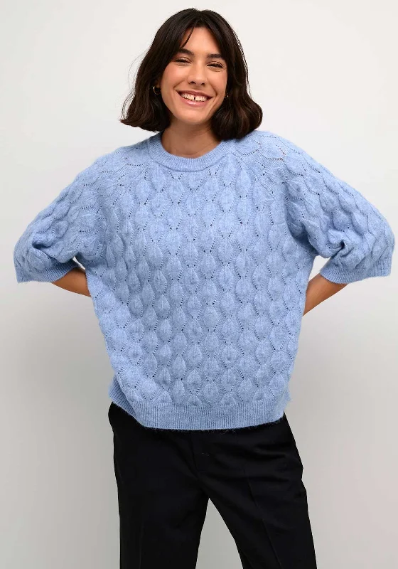 Kaffe Malene Cropped Sleeve Knit Sweater, Vista Blue Hooded Sweater Collared Sweater Shawl Collar