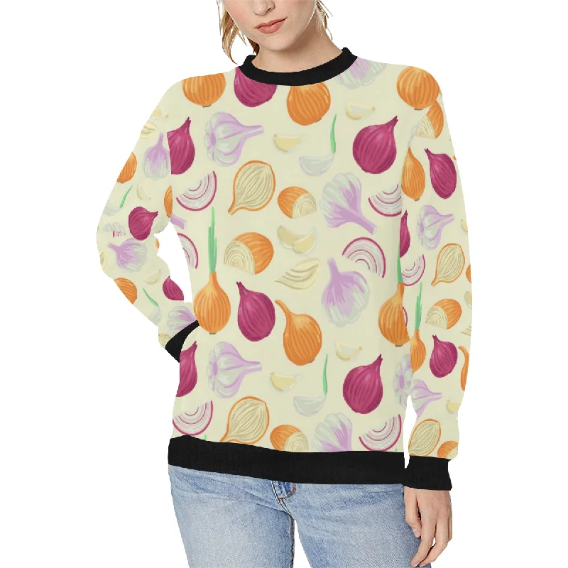 Onion garlic white red pattern Women's Crew Neck Sweatshirt Hoodie with Belted Waist Structured Tailored