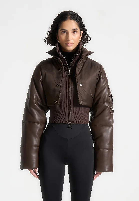 Leather and Nylon Layered Puffer Jacket - Brown Appliqued Jacket Beaded Jacket Sequined Jacket Leather and Nylon Layered Puffer Jacket - Brown Appliqued Jacket Beaded Jacket Sequined Jacket