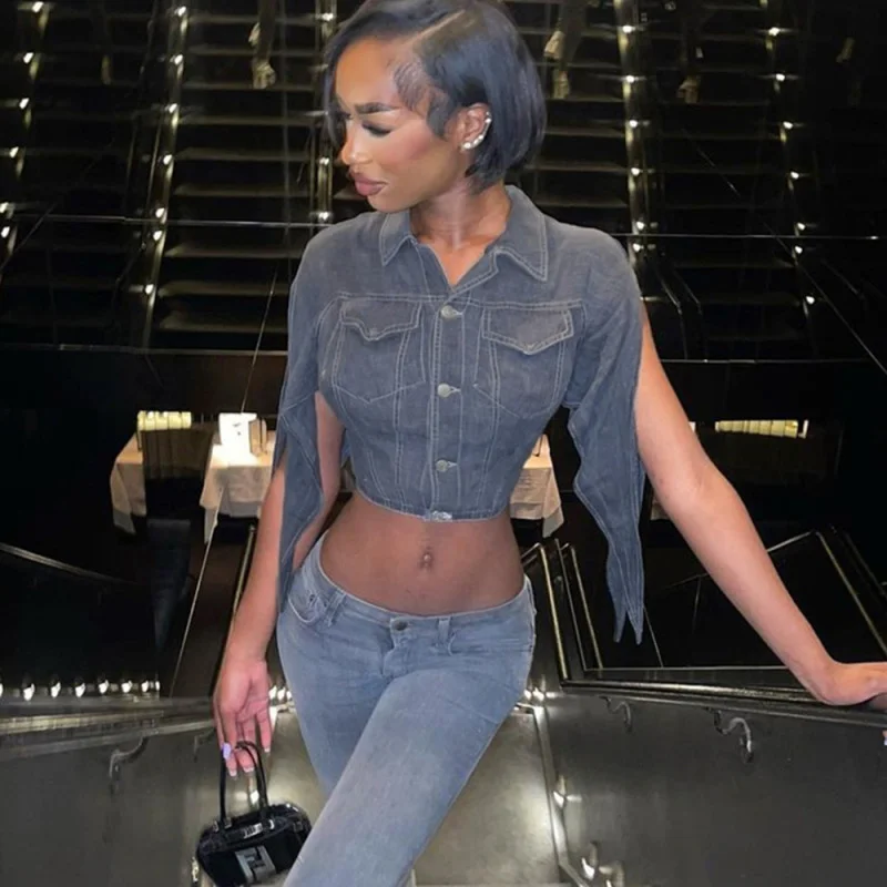 Women Fashion Lapel Button Slit-Sleeve Cropped Denim Jacket Hooded Jacket Caped Jacket Shawl Collar Jacket Women Fashion Lapel Button Slit-Sleeve Cropped Denim Jacket Hooded Jacket Caped Jacket Shawl Collar Jacket