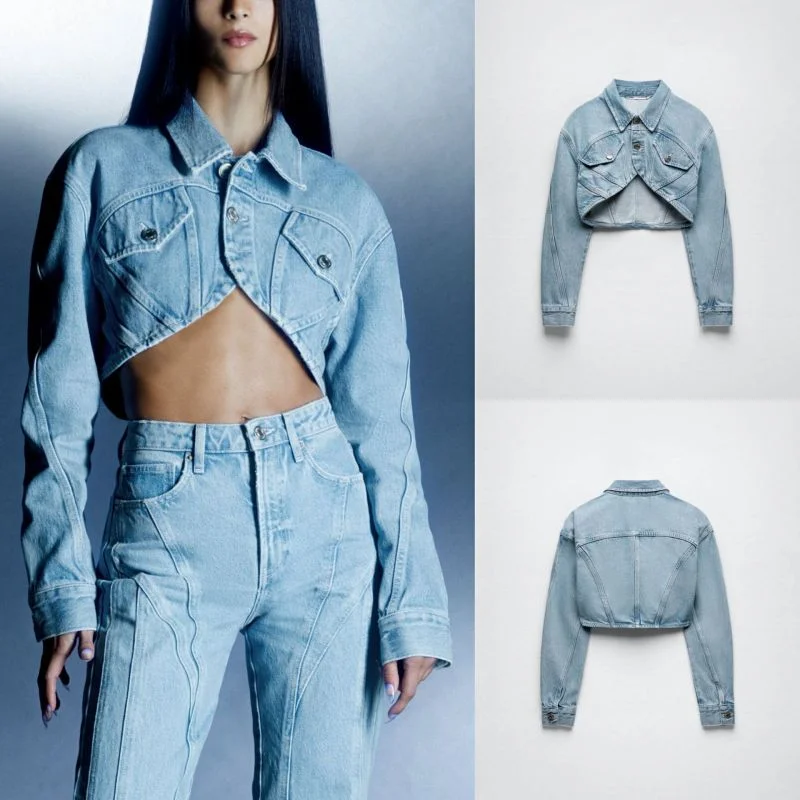 Women Fashion Long Sleeve Irregular Hemline Cropped Denim Jacket Top Zippered Jacket Buttoned Jacket Snapped Jacket Women Fashion Long Sleeve Irregular Hemline Cropped Denim Jacket Top Zippered Jacket Buttoned Jacket Snapped Jacket