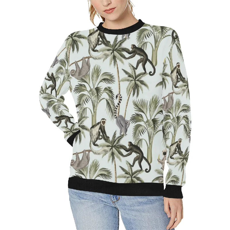 Monkey sloth lemur palm trees pattern Women's Crew Neck Sweatshirt Hoodie with Pattern Geometric Abstract