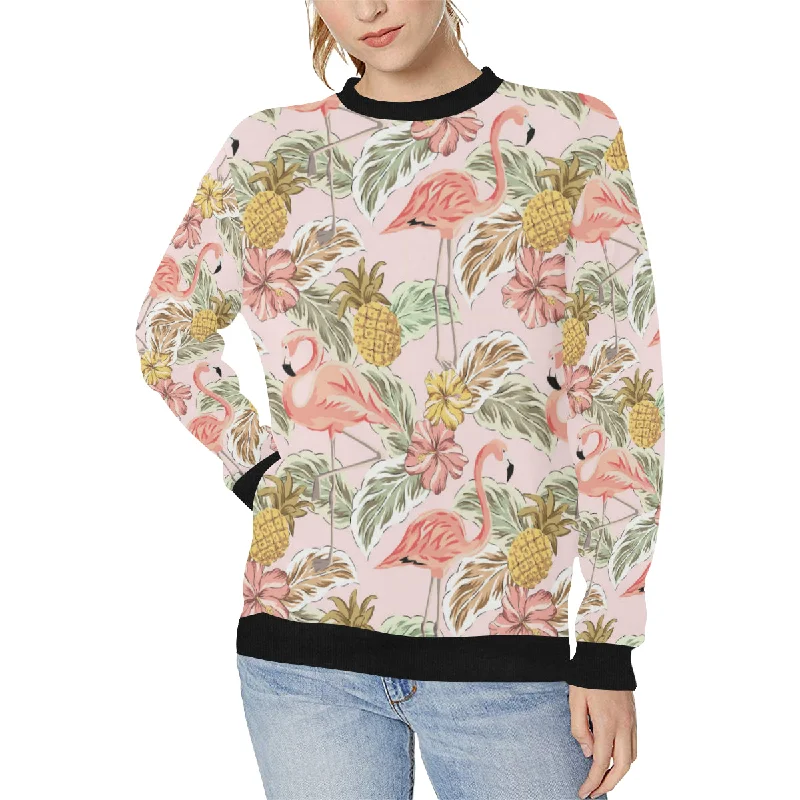 Pink flamingo birds pineapples hibiscus flower pat Women's Crew Neck Sweatshirt Hoodie with Drawcord Adjustable Secure