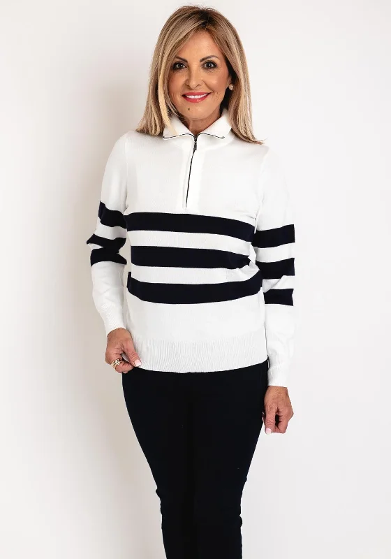 Micha Striped Quarter Zip Knitted Sweater, Off-White & Navy Front Pockets Side Pockets Patch Pockets