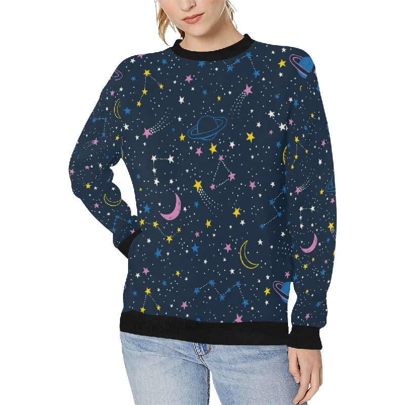 space pattern with planets, comets, constellations Women's Crew Neck Sweatshirt Hoodie with Raw Hem Edgy Unfinished