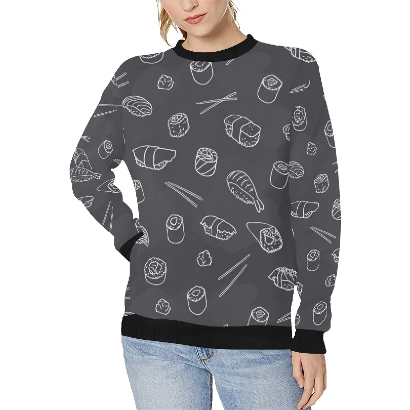 sushi pattern black background Women's Crew Neck Sweatshirt Hoodie with Turtle Neck Cozy Winter