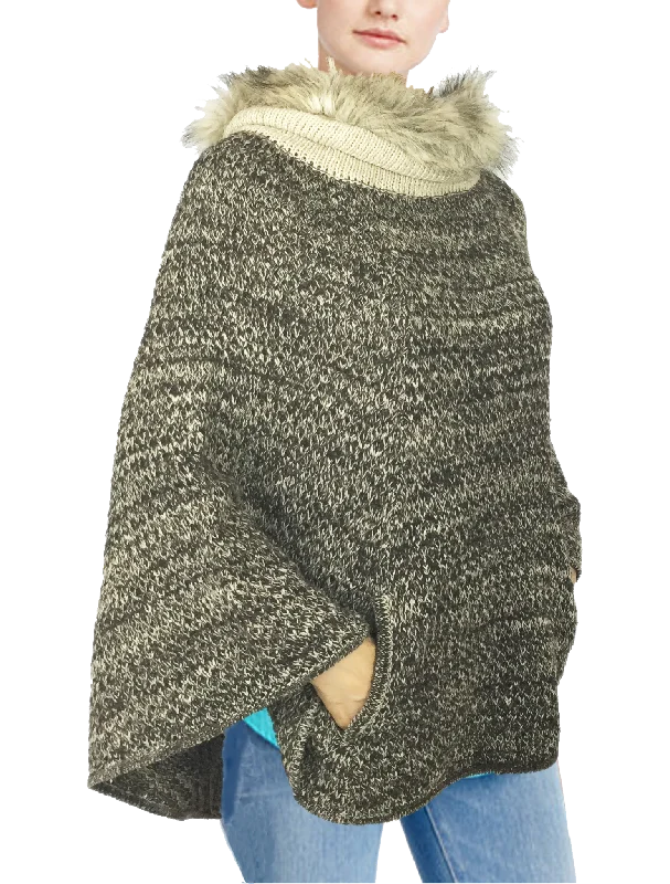 WOMENS MELANGE SWEATER WITH FUR COLLAR PUNCHO Sweater Knitwear Pullover