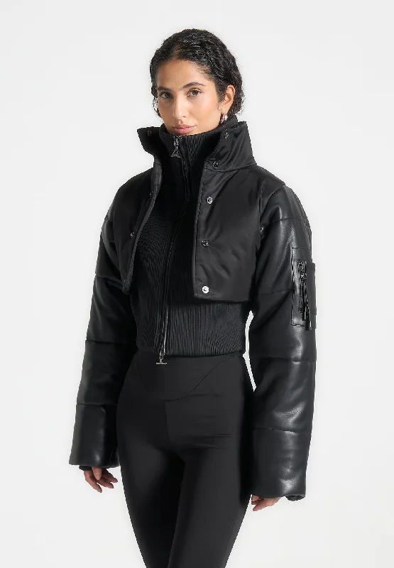 Leather and Nylon Layered Puffer Jacket - Black Rayon Jacket Velvet Jacket Corduroy Jacket Leather and Nylon Layered Puffer Jacket - Black Rayon Jacket Velvet Jacket Corduroy Jacket