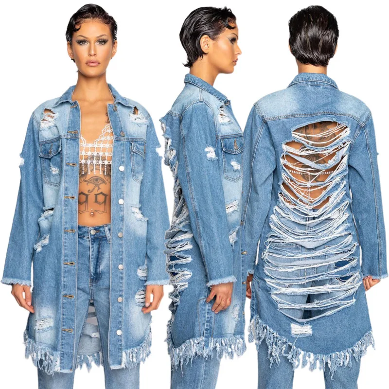 Women'S Fashion Ripped Fringed Long Sleeve Denim Jacket Fleece Jacket Down Jacket Feather Jacket Women'S Fashion Ripped Fringed Long Sleeve Denim Jacket Fleece Jacket Down Jacket Feather Jacket