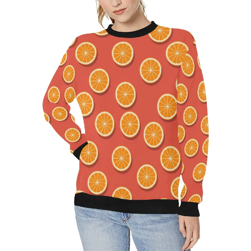 Oranges pattern red background Women's Crew Neck Sweatshirt Hoodie with Elastic Cuffs Stretchable Comfortable