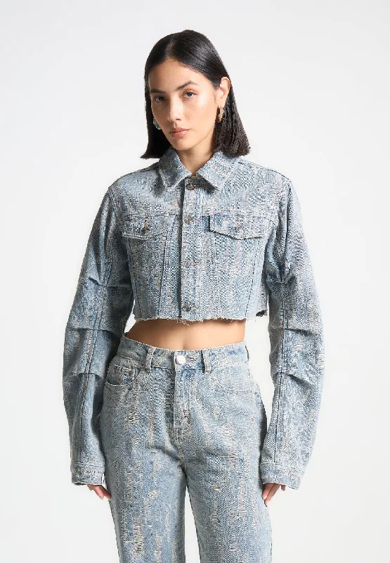 Cropped Distressed Denim Jacket - Mid Blue Belted Jacket Elasticated Jacket Padded Jacket Cropped Distressed Denim Jacket - Mid Blue Belted Jacket Elasticated Jacket Padded Jacket