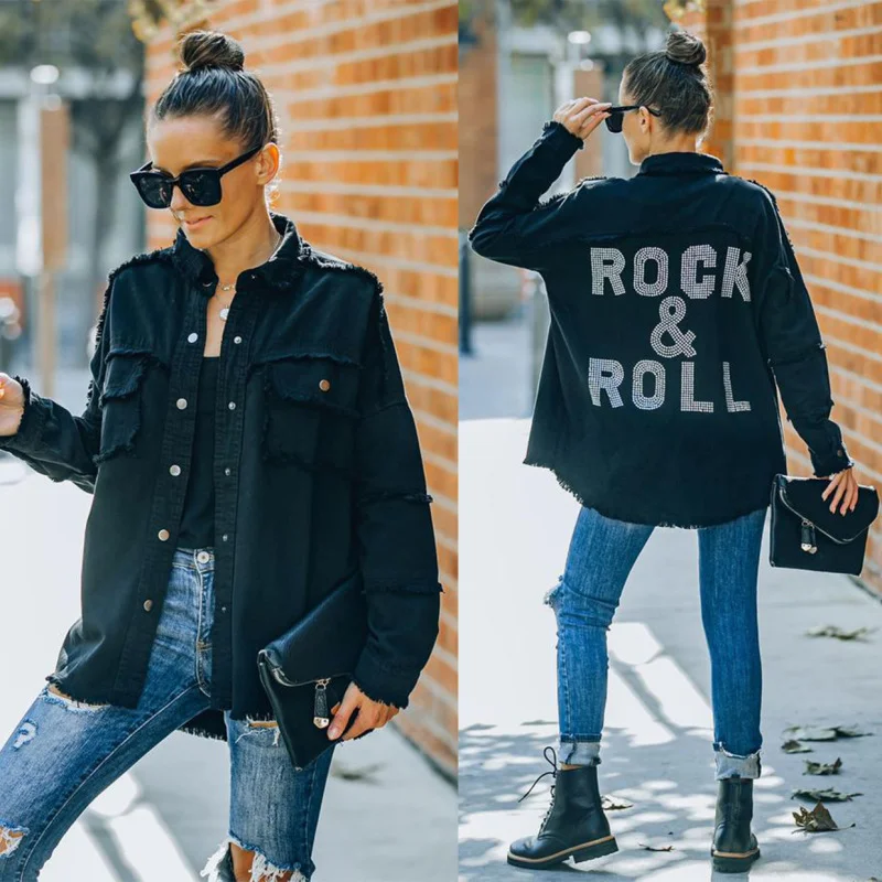 Women Fashion Casual Punk Vintage Letter Pattern Washed Loose Black Denim Jacket Jersey Jacket Tulle Jacket Batik Jacket Women Fashion Casual Punk Vintage Letter Pattern Washed Loose Black Denim Jacket Jersey Jacket Tulle Jacket Batik Jacket