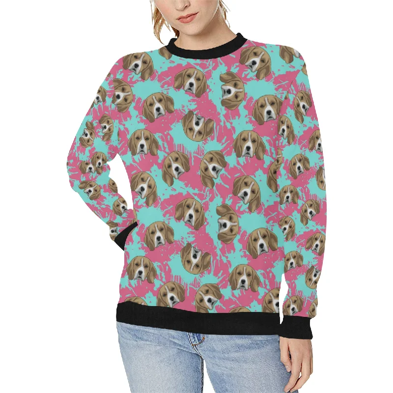 Beagle muzzles turquoise paint splashes pink patte Women's Crew Neck Sweatshirt Hoodie with Pastel Soft Subtle