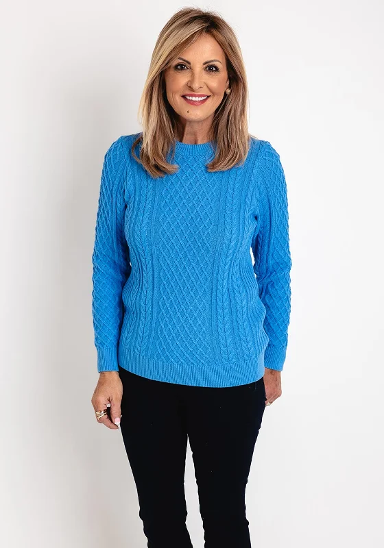 Micha Round Neck Cable Knit Sweater, Azure Blue Welt Pockets Slit Pockets Flap Pockets