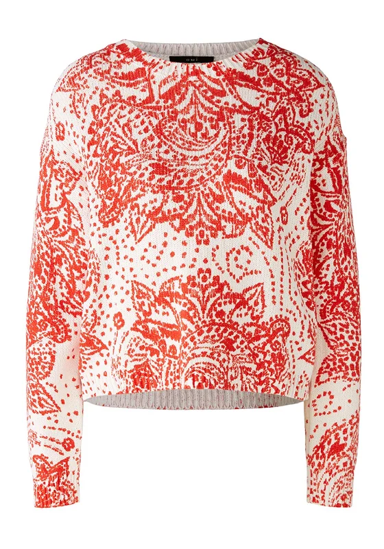 Oui Round Neck Ornate Print Cotton Sweater, Off-White & Red Boat Neck Shawl Collar Notched Collar