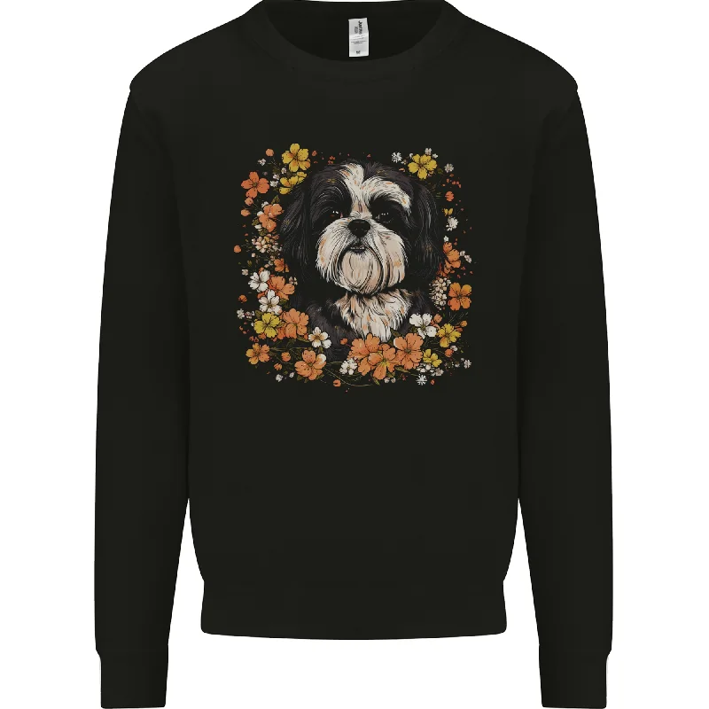 A Shih Tzu Dog Surrounded by Flowers Mens Sweatshirt Jumper Hoodie with Color Block Contrast Stylish