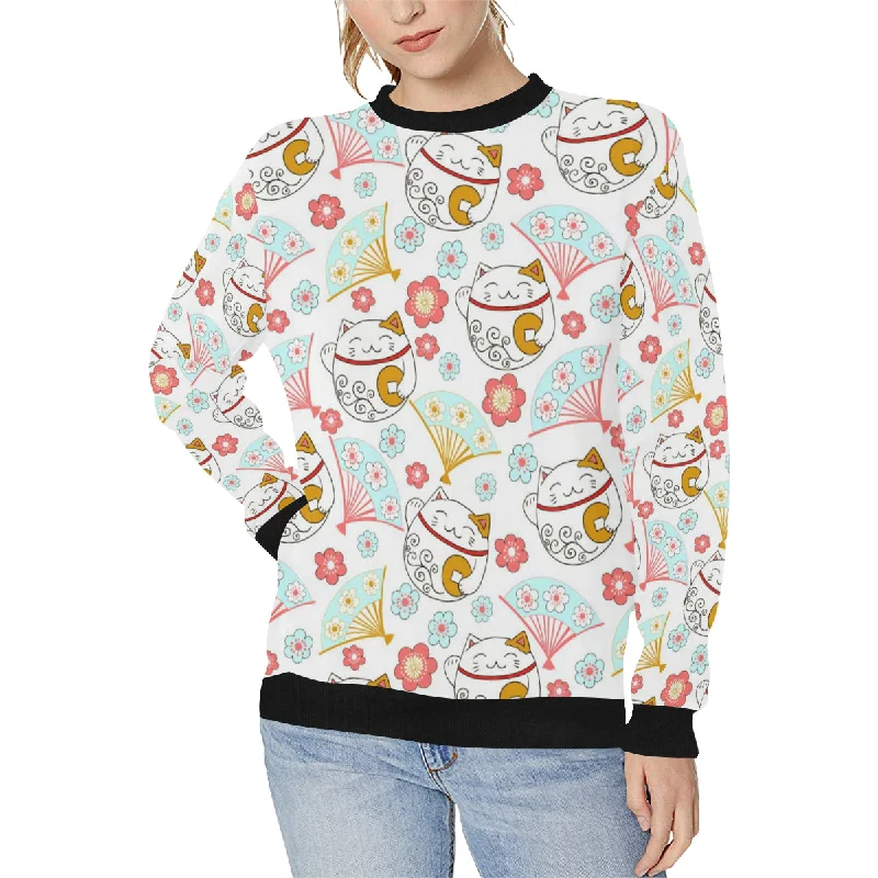 Maneki neko cat fan sakura Women's Crew Neck Sweatshirt Hoodie with Frayed Bohemian Relaxed