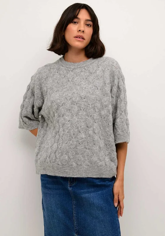 Kaffe Malene Cropped Sleeve Knit Sweater, Grey Melange Turtle Neck Boat Neck Asymmetrical Neck