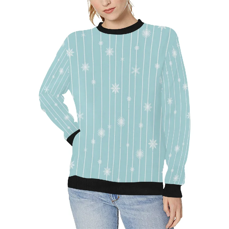 Snowflake pattern blue stripe background Women's Crew Neck Sweatshirt Hoodie with Rolled Sleeves Casual Relaxed