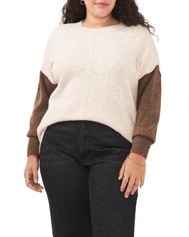 Plus-Size Color Blocked-Sleeve Drop Shoulder Sweater Iron Safe Non-Iron Wrinkle Free
