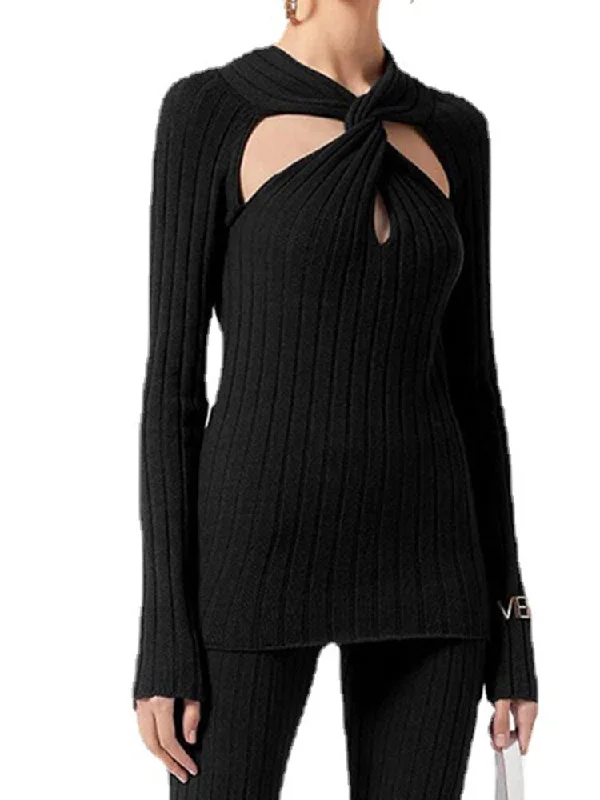 Ashore Shop Women's Knitted Pullover Knitted Top o-neck Slim Long Sleeve Hollow Out Pit strip Black Sweater spring 2023 New 1DF2579 Ribbed Striped Patterned