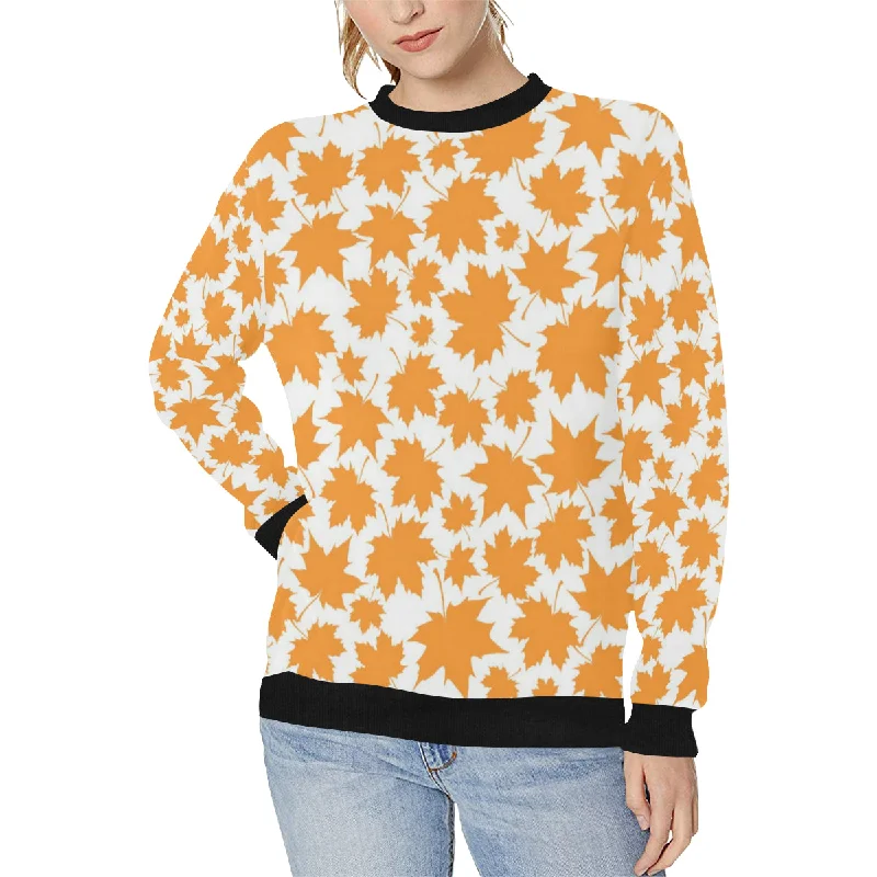 Orange Maple Leaf pattern Women's Crew Neck Sweatshirt Hoodie with Ribbed Neckline Snug Warm