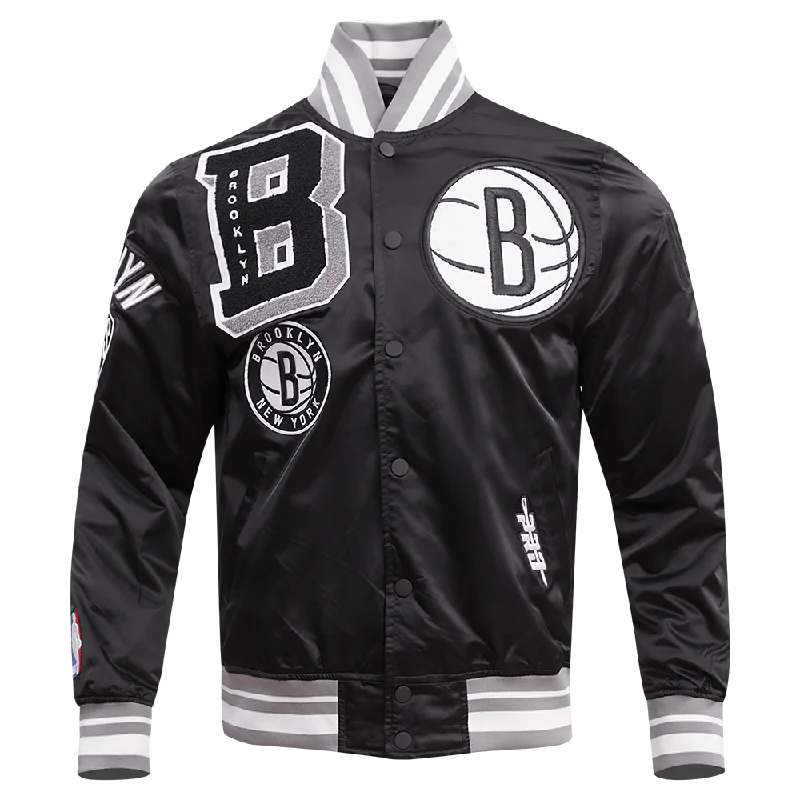 NBA BROOKLYN NETS MASHUP MEN'S RIB SATIN JACKET (BLACK/GRAY) Wool Jacket Cashmere Jacket Tweed Jacket