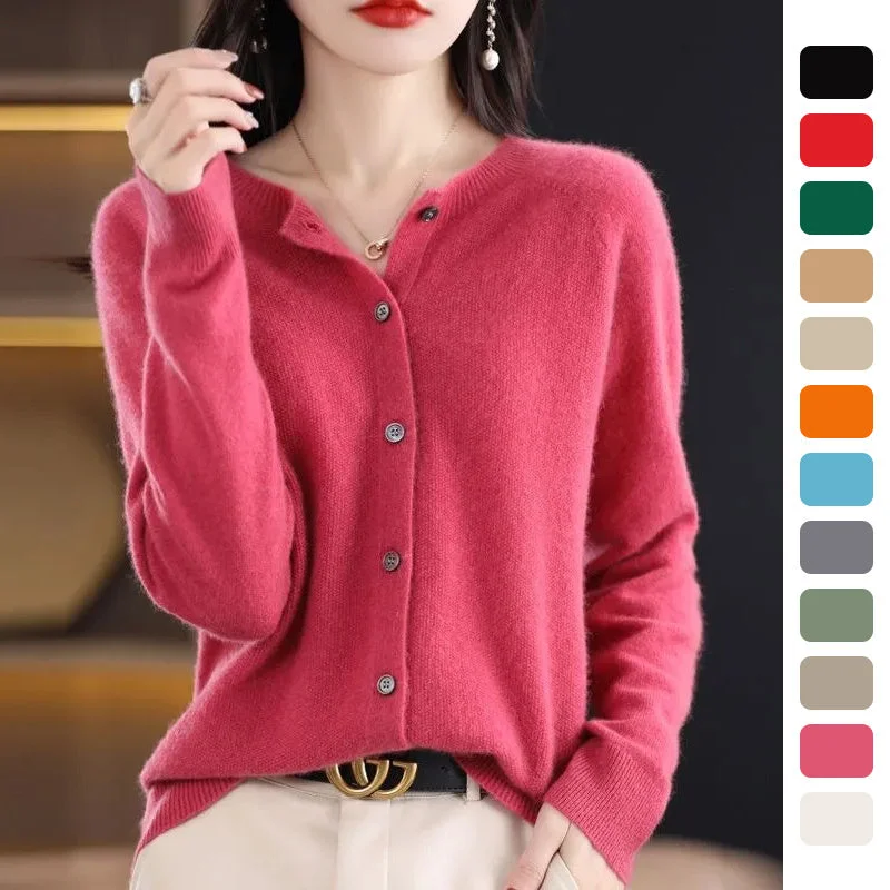 Fashion Merino Wool Cardigan Sweater Women O-Neck Long-sleeve Cashmere Knitwear Spring Autumn Female Clothing Tops Modern Contemporary Chic