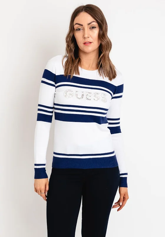 Guess Embellished Lace Logo Sweater, White & Navy Hooded Caped Shawl Collar