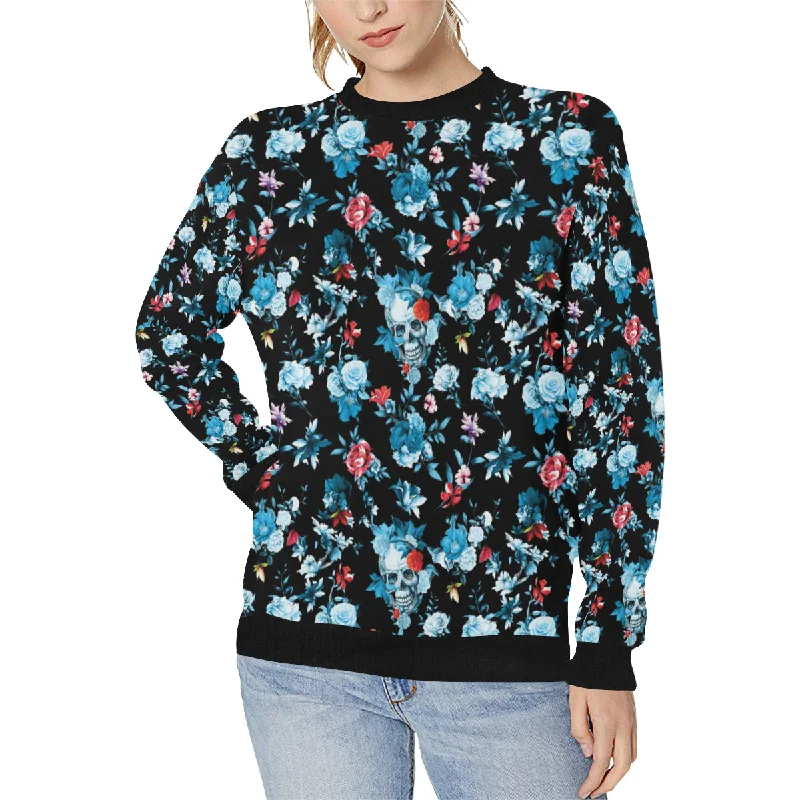 Skull flower roses leave pattern Women's Crew Neck Sweatshirt Hoodie with Hem Patch Decorative Personalized