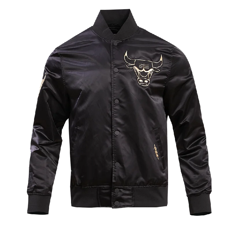 CHICAGO BULLS GOLD LOGO SATIN JACKET (BLACK) Chenille Fabric Brocade Fabric Lace Fabric