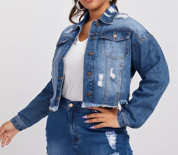 Women Ripped Denim Jacket Notch Collar Peter Pan Collar Cowl Neck