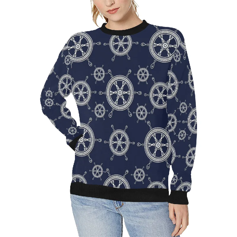 nautical steering wheel design pattern Women's Crew Neck Sweatshirt Hoodie with Drawcord Adjustable Secure