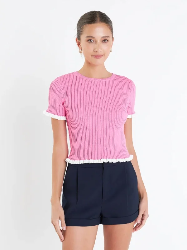Pink Ribbed Contrast Sweater Elegant Classic Vintage