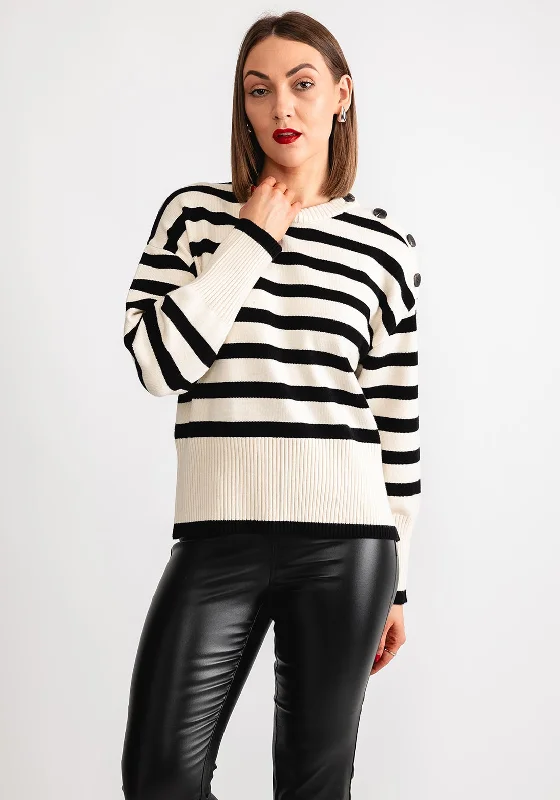 Kaffe Marie Striped Button Knit Jumper, Off White & Black Cotton Fabric Linen Fabric Terry Fabric